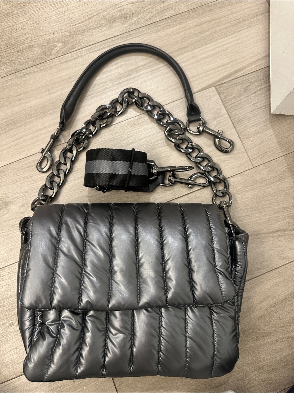 Quilted Think Royln Metallic Gray Shoulder Bag with Three Different Straps